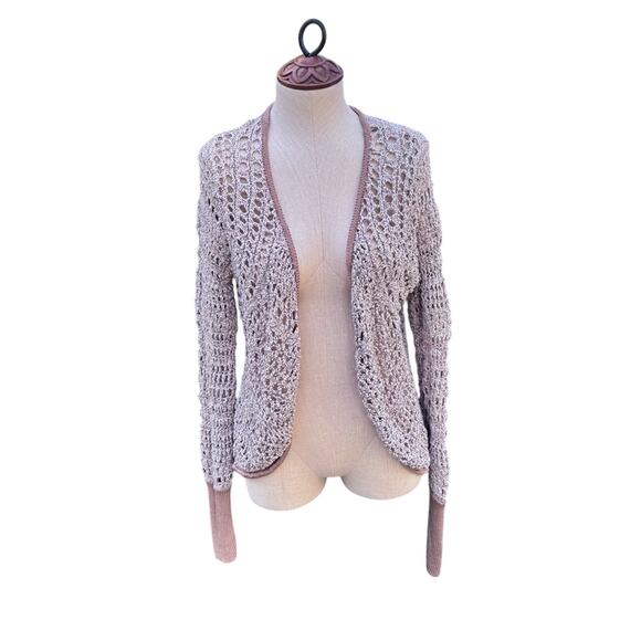 Simply Vera Wang Crochet Tan Open Cardigan Knit Ribbed Wrist Fabric Large - Picture 1 of 9